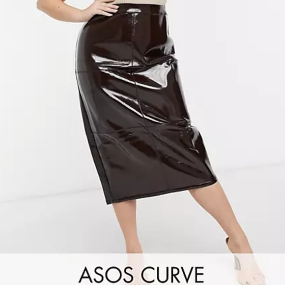 ASOS Curve Dresses & Skirts - Asos design curve 24 oxblood brown faux Patent leather vinyl midi skirt